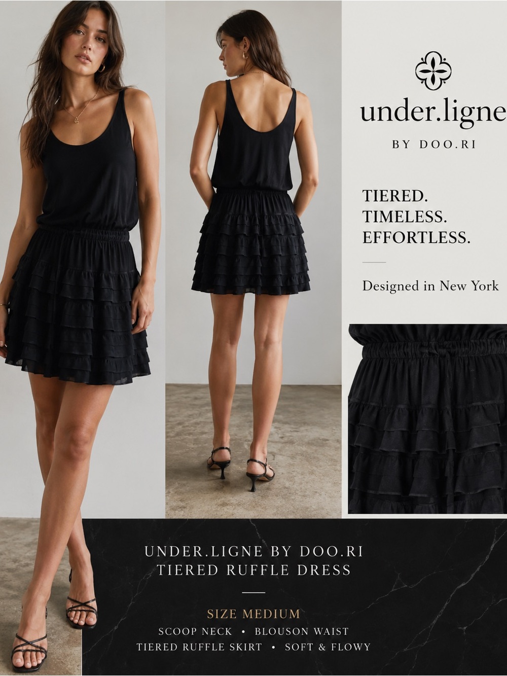 Under.Ligne by Doo.Ri Black Tiered Ruffle Blouson Tank Dress Size Medium